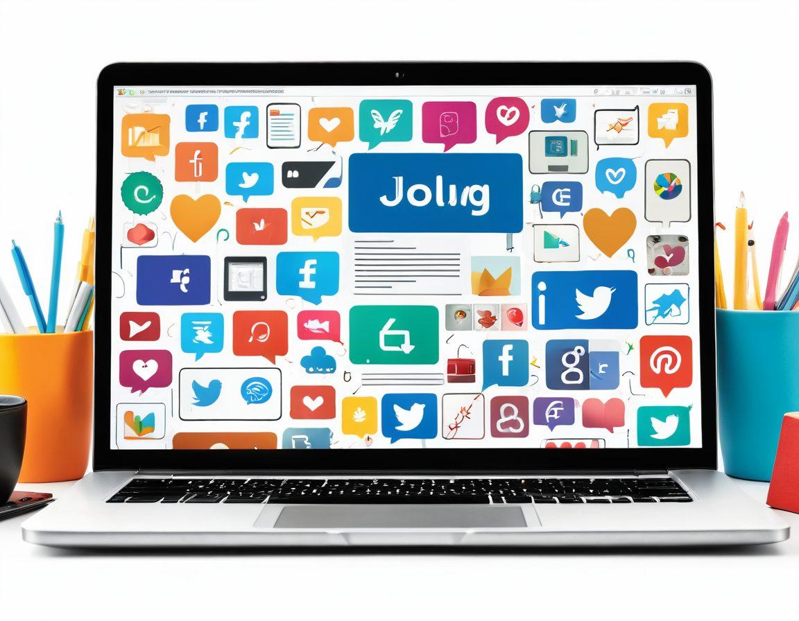 A captivating laptop with a vibrant screen displaying a stylish virtual journal layout, surrounded by colorful social media icons that symbolize audience engagement. Include a diverse group of enthusiastic people interacting with the blog on their devices in a bright, inviting setting. Overlay the image with creative graphics representing growth and influence, like upward arrows and hearts. super-realistic. vibrant colors. white background.
