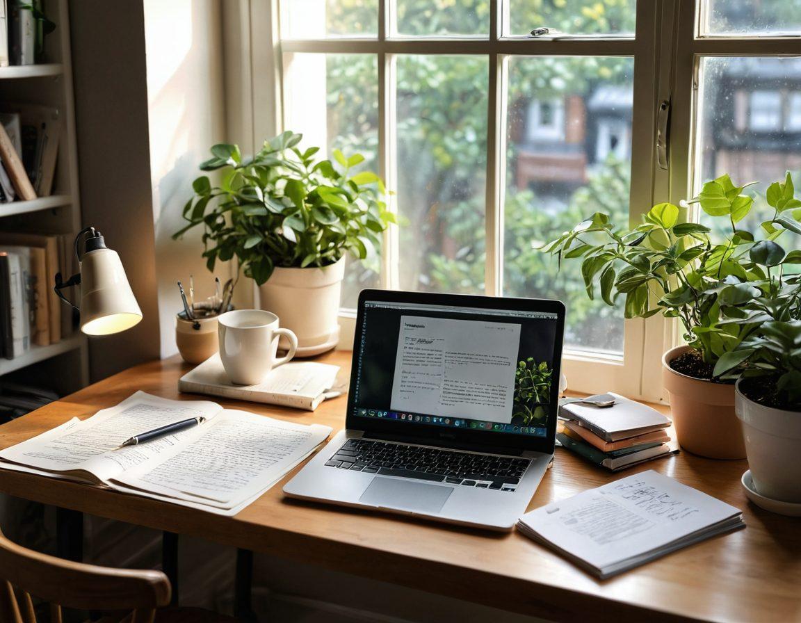 A cozy workspace with a stylish desk, an open laptop displaying a vibrant blog post about lifestyle writing, surrounded by scattered notes, a steaming cup of coffee, and lush green plants. Sunlight filters through a window, casting a warm glow, creating an inviting atmosphere. A small bookshelf in the background filled with writing guides and lifestyle books. soft focus. natural light. cozy aesthetic. vibrant colors.