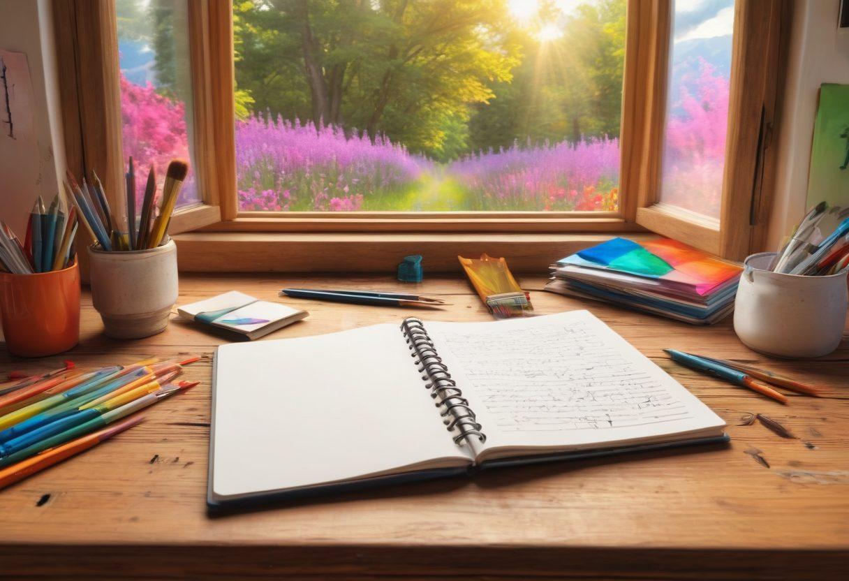 A whimsical, open notebook on a wooden desk surrounded by colorful art supplies, including paintbrushes, pencils, and scattered papers with handwritten notes. A window in the background reveals a sunny landscape, symbolizing inspiration and creativity. The scene should feel inviting and vibrant, encouraging aspiring writers to express themselves. bright and colorful. inviting atmosphere. 3D.